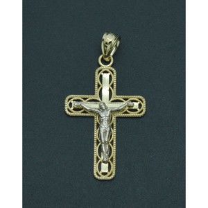 Real 10K Solid Yellow White Gold Diamond Cut Jesus Cross Pendant 1.1grams